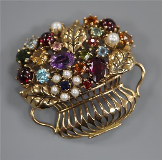 A yellow metal and gem set basket of flowers or giardinetto brooch, 40mm.